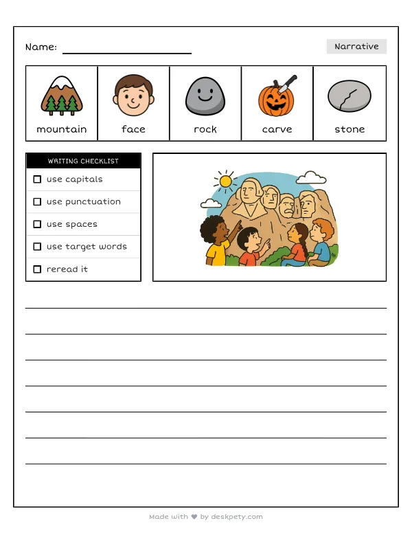 Free printable K-1 narrative writing prompt worksheet - Mount Rushmore shows the stone faces of with word bank and handwriting lines