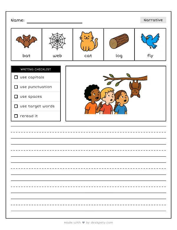 A bat hanging upside down from a bare tree branch at dusk — real worksheet preview with word bank and writing lines