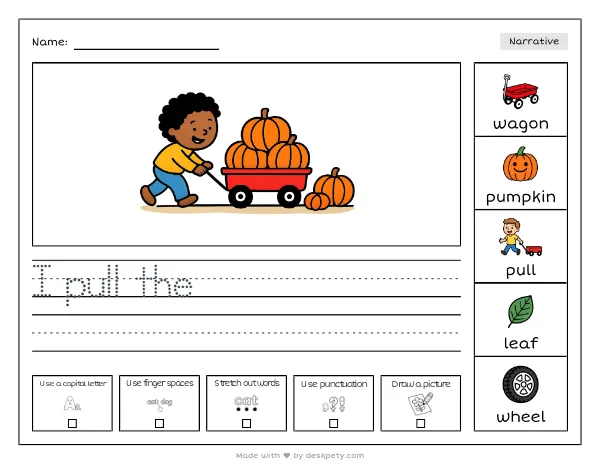 A red wagon overflowing with pumpkins — real worksheet preview with word bank and writing lines