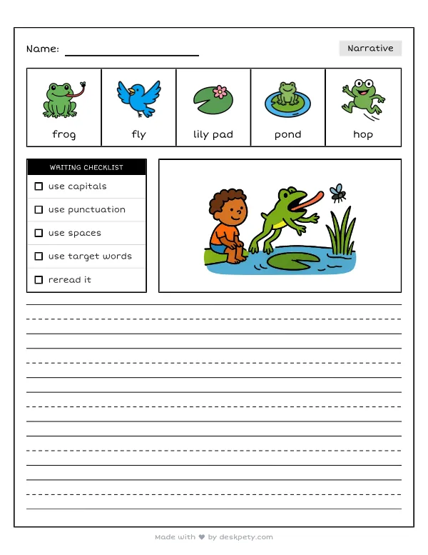 A green frog catching a fly on a lily pad in a quiet pond — real worksheet preview with word bank and writing lines