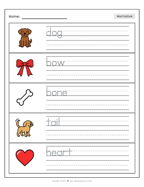 A small dog wearing a tiny red bow tie — real worksheet preview with word bank and writing lines