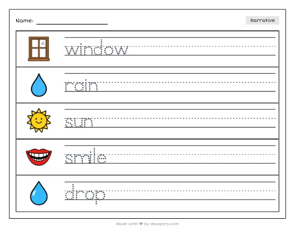 A rain-soaked window with hand-drawn smiley faces — real worksheet preview with word bank and writing lines