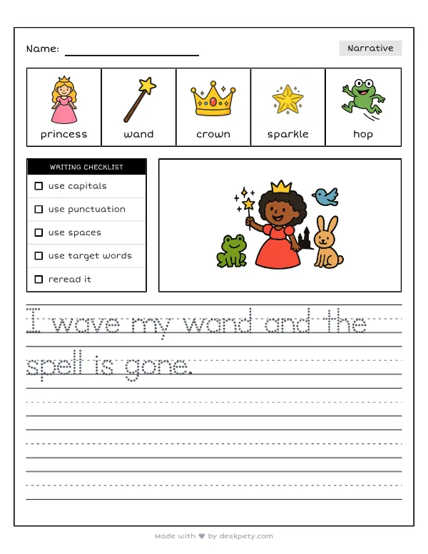 Free printable K-1 narrative writing prompt worksheet - The magical spell was finally broken when with word bank and handwriting lines