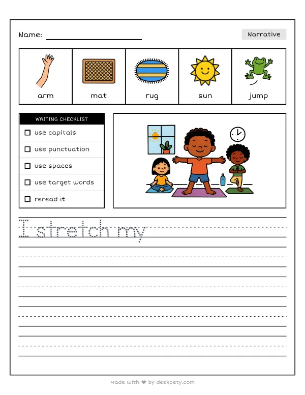 Stretching arms wide during morning yoga on the gym floor — real worksheet preview with word bank and writing lines
