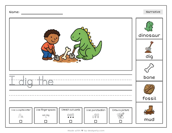 Free printable Kindergarten write and draw worksheet - Dinosaurs lived on our planet a long time tracing sentence and coloring page