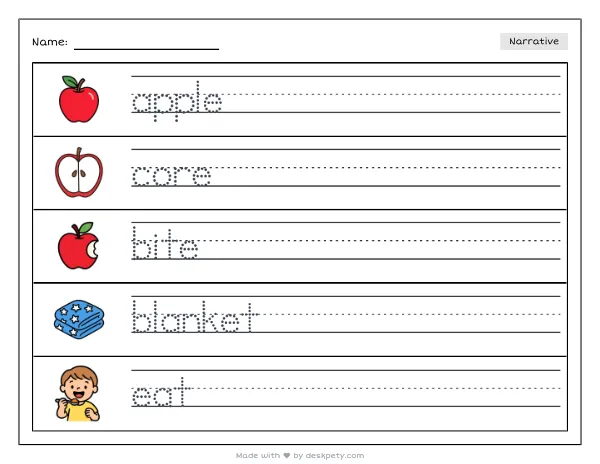 Free printable Kindergarten write and draw worksheet - A half-eaten apple core on a picnic blanket tracing sentence and coloring page (page 1 of 4)