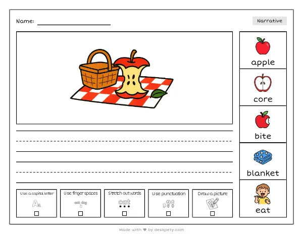 A half-eaten apple core on a picnic blanket — real worksheet preview with word bank and writing lines