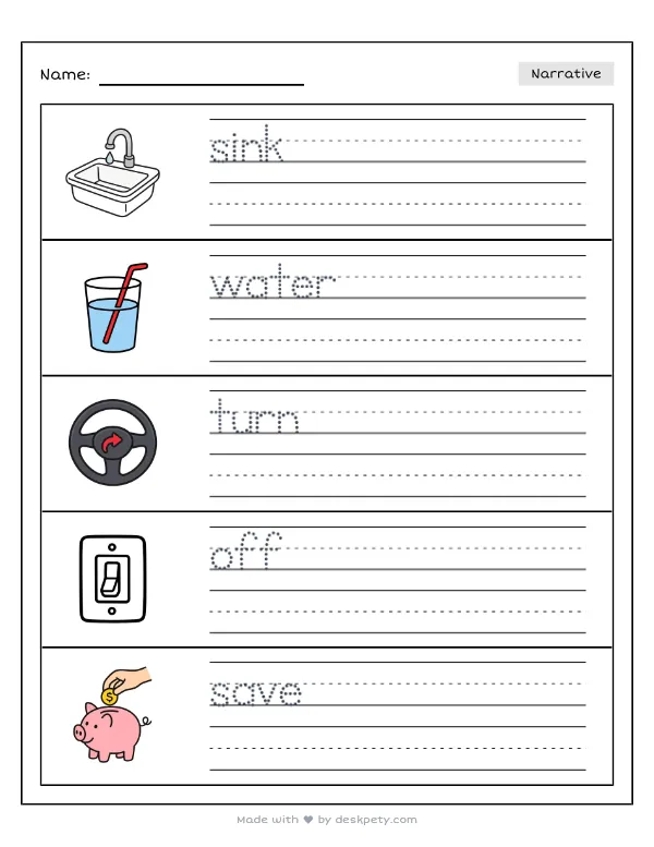 Free printable K-1 narrative writing prompt worksheet - Turning off the water faucet saves with word bank and handwriting lines