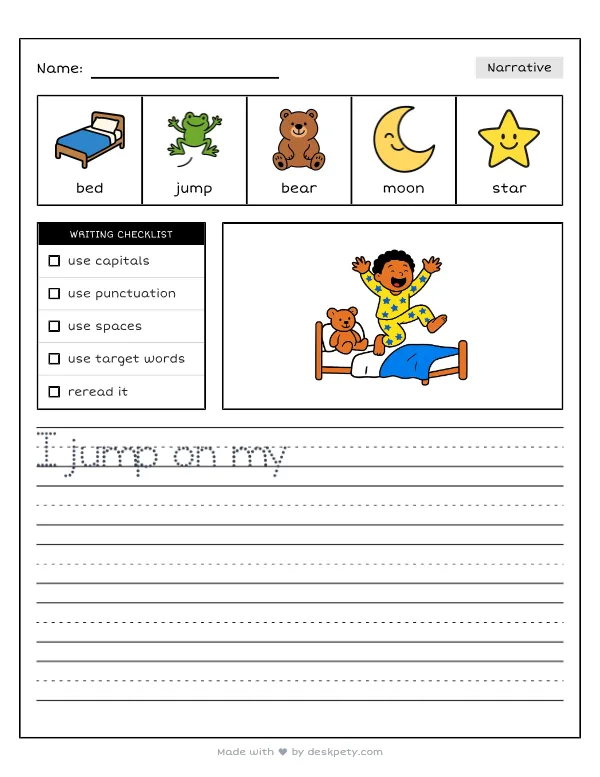 Something that made me so excited I couldn’t fall asleep — real worksheet preview with word bank and writing lines