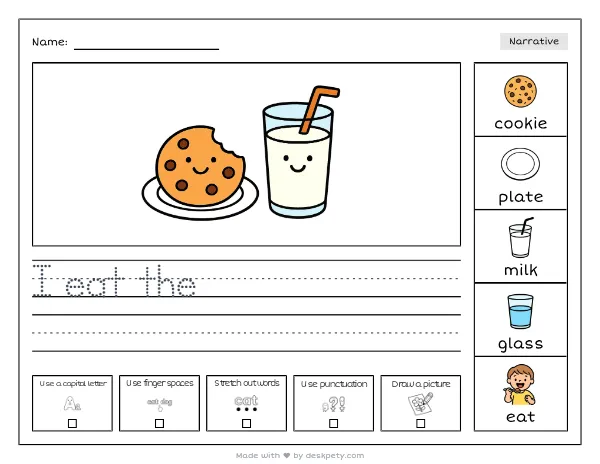 A half-eaten cookie on a plate next to a glass of milk — real worksheet preview with word bank and writing lines