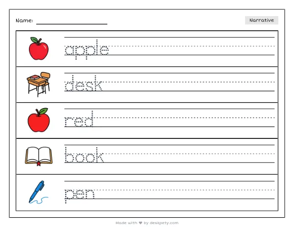 Free printable Kindergarten write and draw worksheet - A shiny red apple resting on a teacher's desk tracing sentence and coloring page (page 1 of 4)