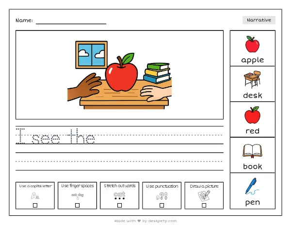 A shiny red apple resting on a teacher's desk — real worksheet preview with word bank and writing lines