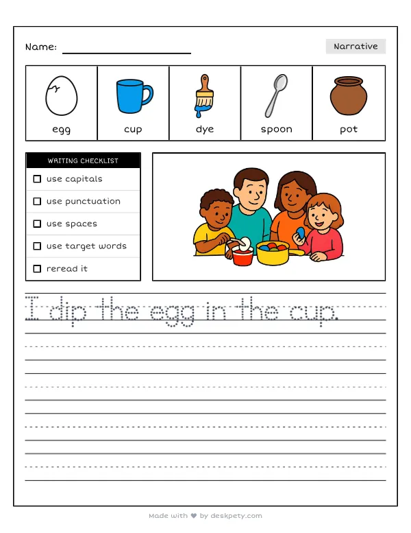 Free printable K-1 narrative writing prompt worksheet - To dye festive holiday eggs with family I use with word bank and handwriting lines