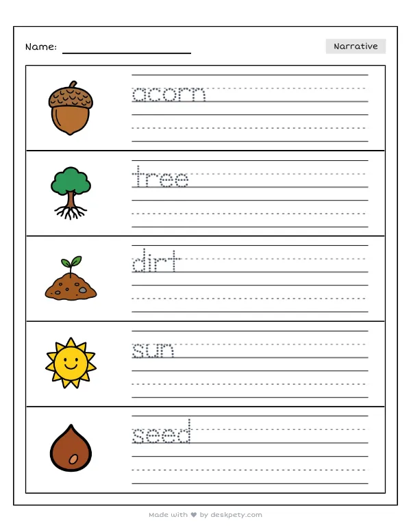 An acorn in the dirt growing into a massive, strong oak tree — real worksheet preview with word bank and writing lines