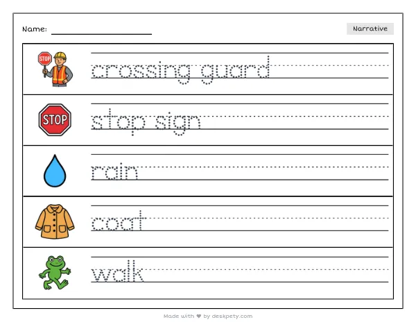 Free printable Kindergarten write and draw worksheet - A crossing guard holding up a red stop sign in the rain tracing sentence and coloring page (page 1 of 4)