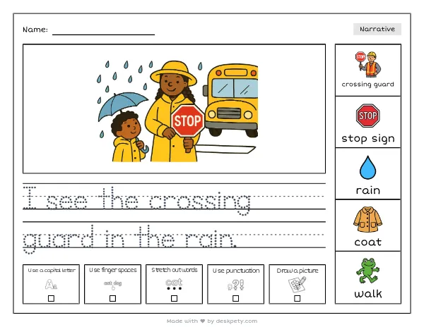 A crossing guard holding up a red stop sign in the rain — real worksheet preview with word bank and writing lines