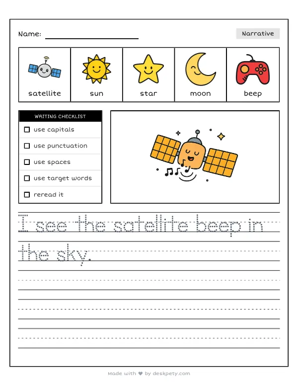 A satellite with large, golden solar panels beeping softly in space — real worksheet preview with word bank and writing lines
