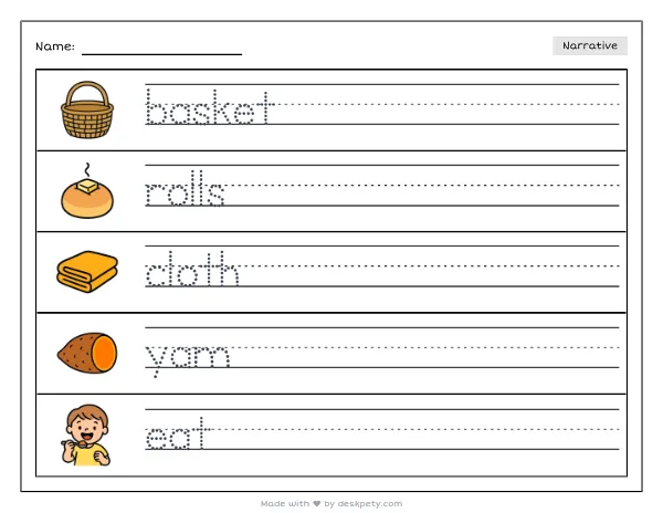 Free printable Kindergarten write and draw worksheet - A basket of warm dinner rolls covered with a checkered cloth tracing sentence and coloring page (page 1 of 4)