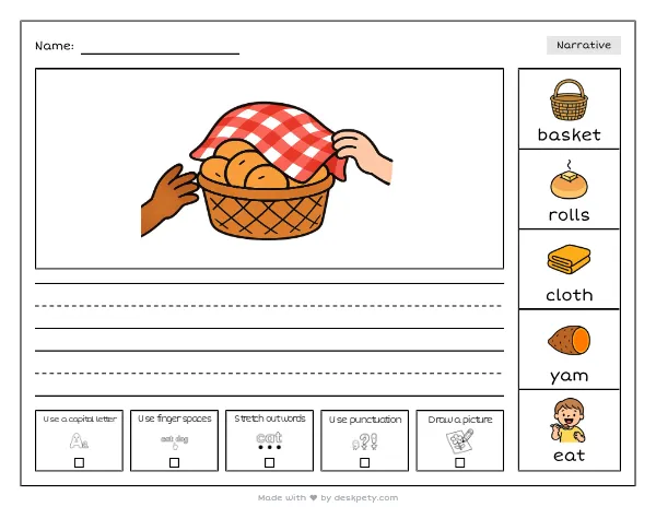 A basket of warm dinner rolls covered with a checkered cloth — real worksheet preview with word bank and writing lines