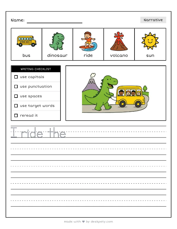 Riding a dinosaur school bus past a volcano — real worksheet preview with word bank and writing lines