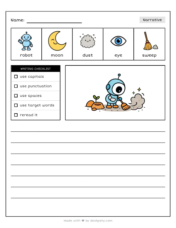 A tiny robot with a single, big eye sweeping the dusty surface of an alien moon — real worksheet preview with word bank and writing lines