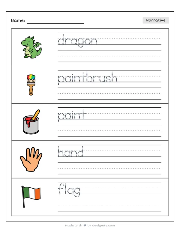 Preview of the painting one giant mural of a friendly dragon together on the hallway wall writing worksheet — word bank, tracing lines and checklist (page 1 of 5)