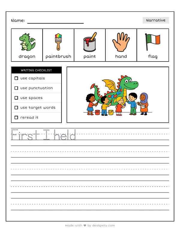Painting one giant mural of a friendly dragon together on the hallway wall — real worksheet preview with word bank and writing lines