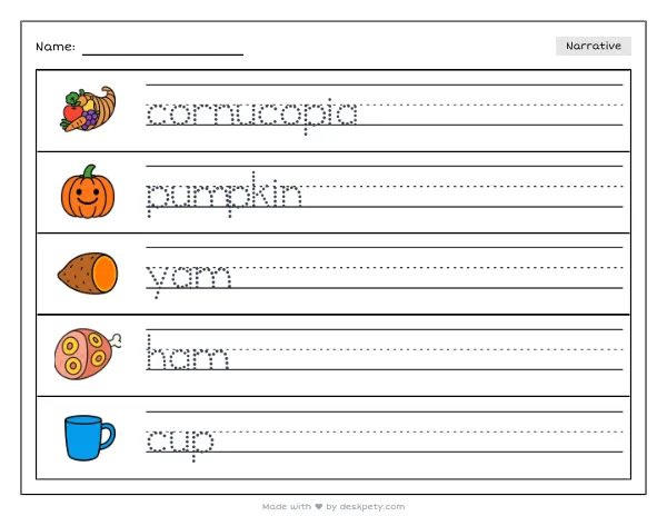 Free printable Kindergarten write and draw worksheet - A towering cornucopia overflowing with miniature pumpkins tracing sentence and coloring page (page 1 of 4)