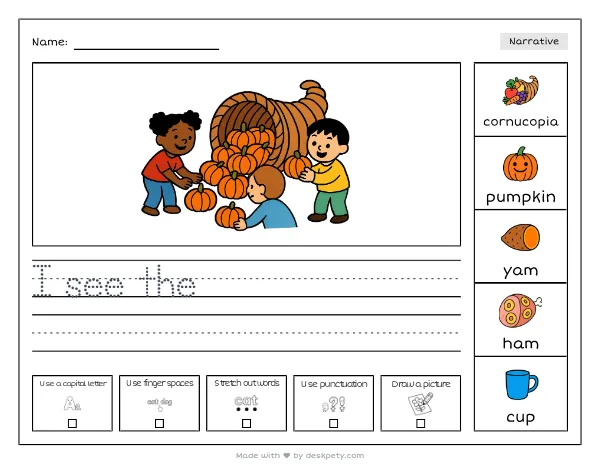 A towering cornucopia overflowing with miniature pumpkins — real worksheet preview with word bank and writing lines