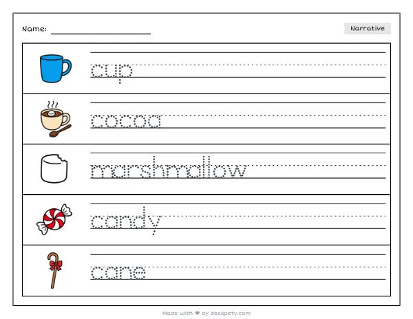 A cup of hot cocoa with marshmallows and a candy cane — real worksheet preview with word bank and writing lines