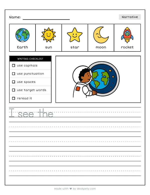A space station window showing a beautiful, blue and green Earth below — real worksheet preview with word bank and writing lines