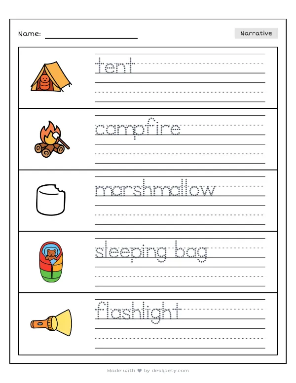 Free printable K-1 narrative writing prompt worksheet - Camping outdoors with my family is fun because with word bank and handwriting lines (page 1 of 5)