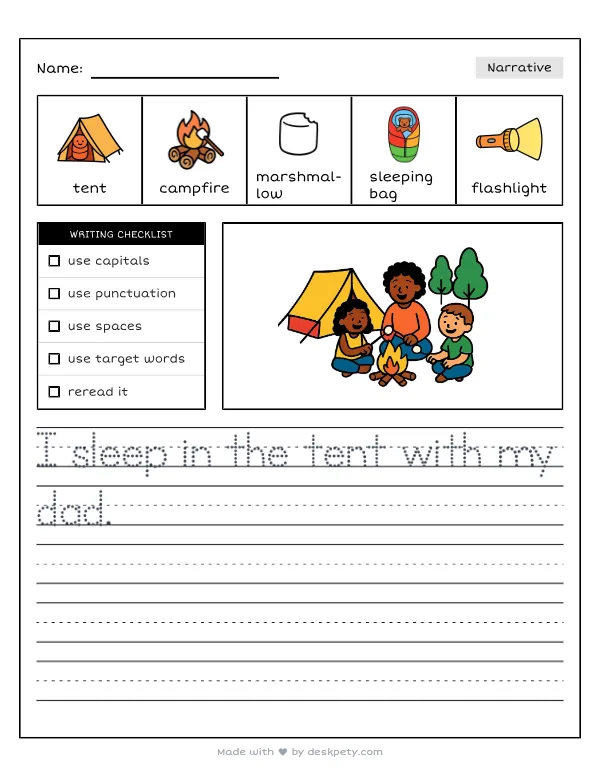 Free printable K-1 narrative writing prompt worksheet - Camping outdoors with my family is fun because with word bank and handwriting lines