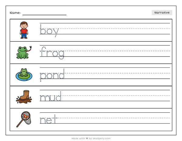A child catching a frog in a muddy pond — real worksheet preview with word bank and writing lines