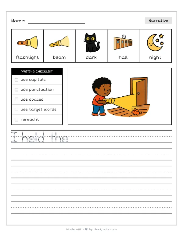 A flashlight beam cutting through a dark hallway at night — real worksheet preview with word bank and writing lines