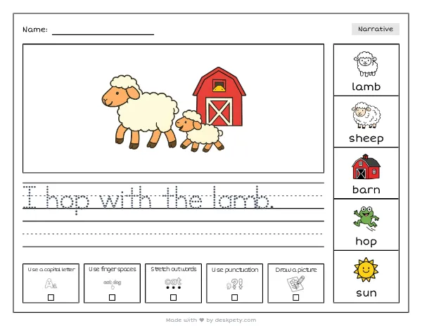 Free printable Kindergarten write and draw worksheet - A fluffy baby sheep follows its mother to the tracing sentence and coloring page