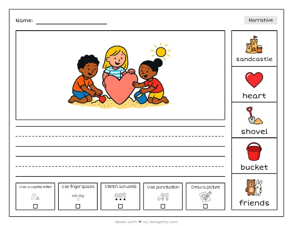 A group of friends building a giant heart-shaped sandcastle — real worksheet preview with word bank and writing lines