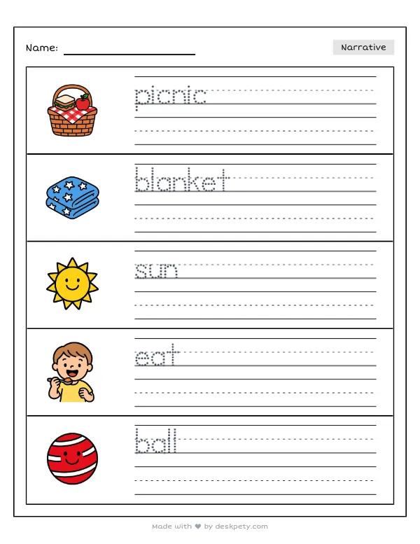Preview of the having a sunny family picnic on a blanket in the park writing worksheet — word bank, tracing lines and checklist (page 1 of 5)