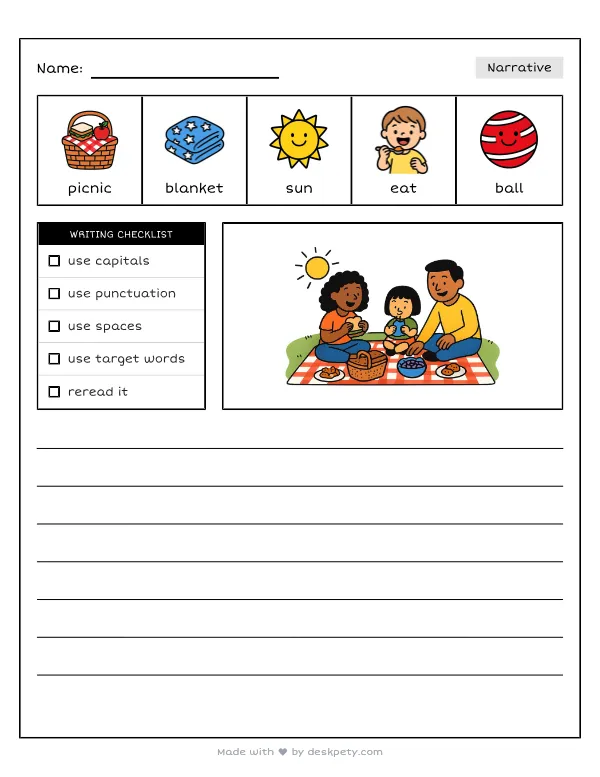 Having a sunny family picnic on a blanket in the park — real worksheet preview with word bank and writing lines