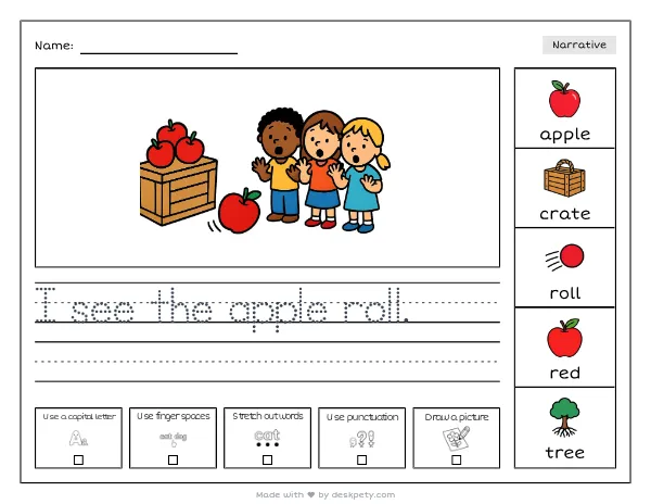 A red apple rolling off a wooden crate — real worksheet preview with word bank and writing lines