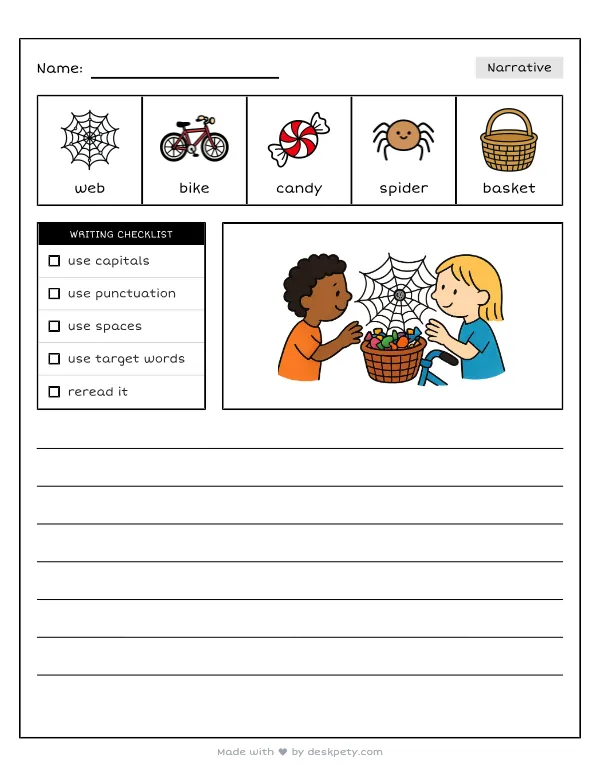 A spider web stretched across a bicycle basket filled with candy — real worksheet preview with word bank and writing lines