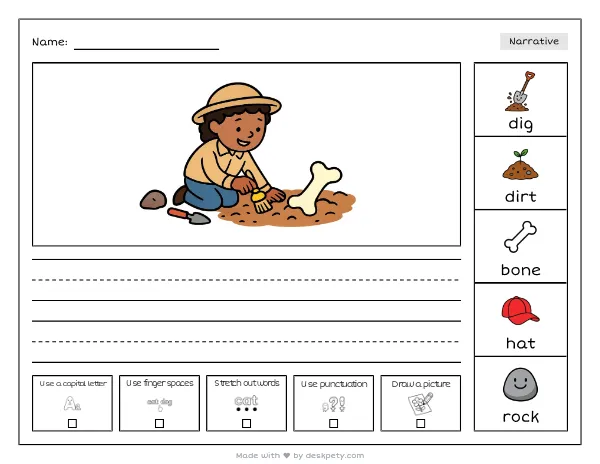 Free printable Kindergarten write and draw worksheet - A paleontologist digs in the dirt for tracing sentence and coloring page