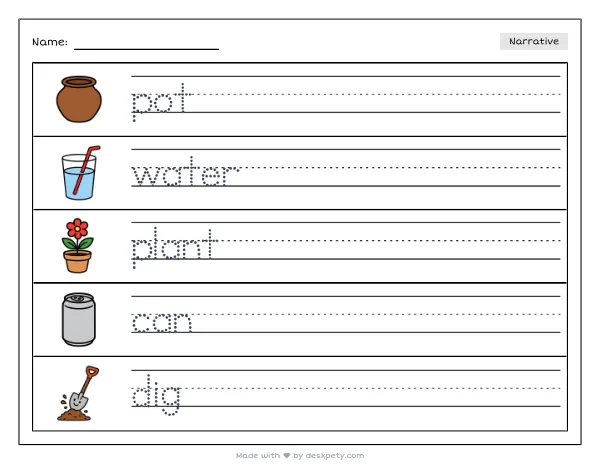 Free printable Kindergarten write and draw worksheet - A group of students watering a classroom plant together tracing sentence and coloring page (page 1 of 4)