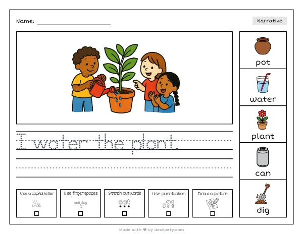 A group of students watering a classroom plant together — real worksheet preview with word bank and writing lines