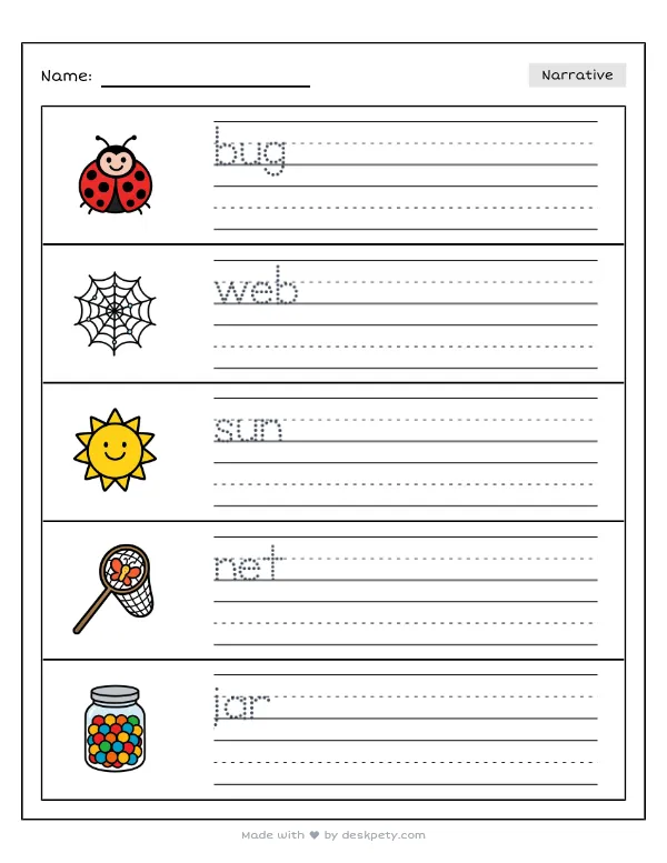 Free printable K-1 narrative writing prompt worksheet - Examining a bug through a clear magnifying glass with word bank and handwriting lines (page 1 of 5)
