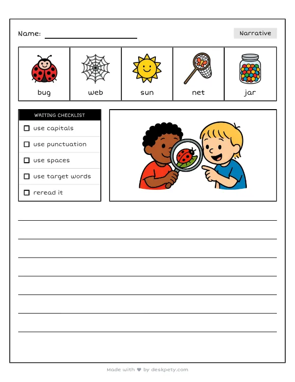 Free printable K-1 narrative writing prompt worksheet - Examining a bug through a clear magnifying glass with word bank and handwriting lines