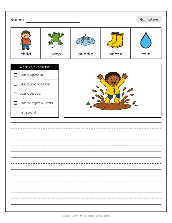 Jumping in muddy puddles wearing yellow rain boots — real worksheet preview with word bank and writing lines