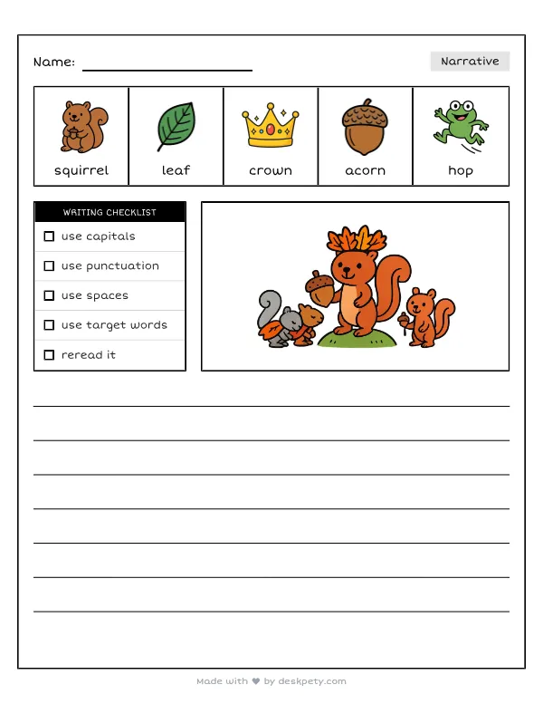 Wearing a crown of autumn leaves as king of a squirrel army — real worksheet preview with word bank and writing lines