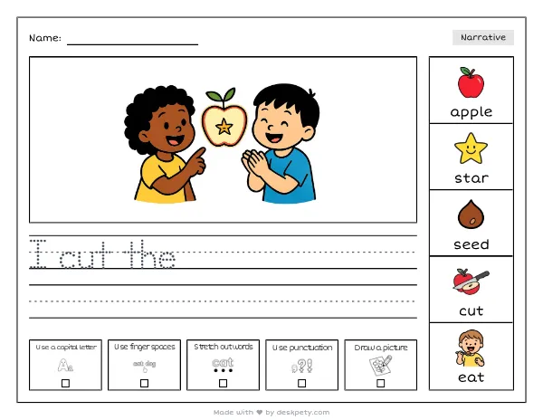 A slice of apple shaped like a star — real worksheet preview with word bank and writing lines