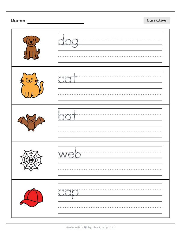 A golden retriever wearing a vampire cape chasing its tail — real worksheet preview with word bank and writing lines